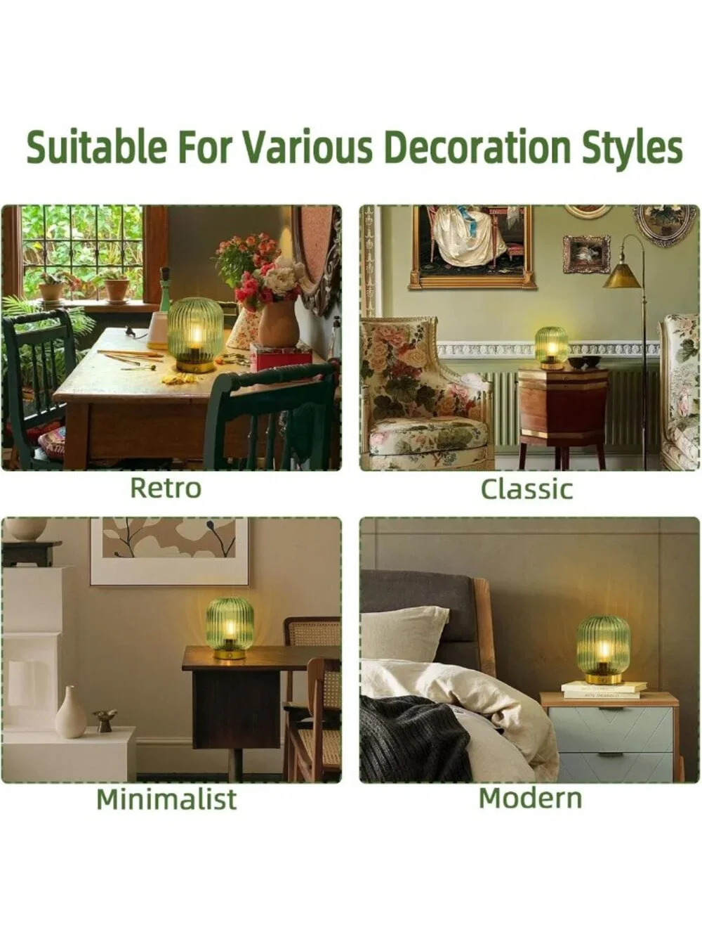 Rechargeable Green Glass Table Lamp with Dimmable Brightness & Memory Function